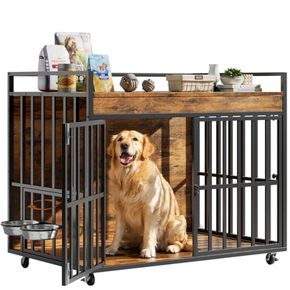 Heavy Duty Large Dog Crate Furniture with 360° Rotatable Bowls & Wheels, view 2