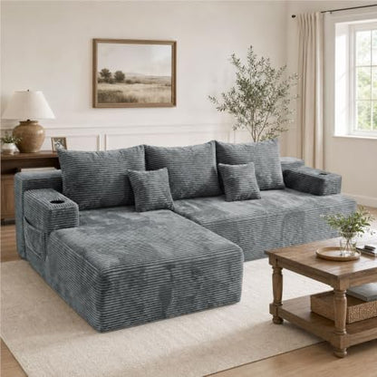 96.8" Cloud Modular Sectional Sofa Boneless Couch with L Shaped Chaise, Modern Corduroy Upholstered Deep Seat Couches Lounge with 5 Pillows for Living Room Bedroom(Dark Gray, Left Facing Chaise)