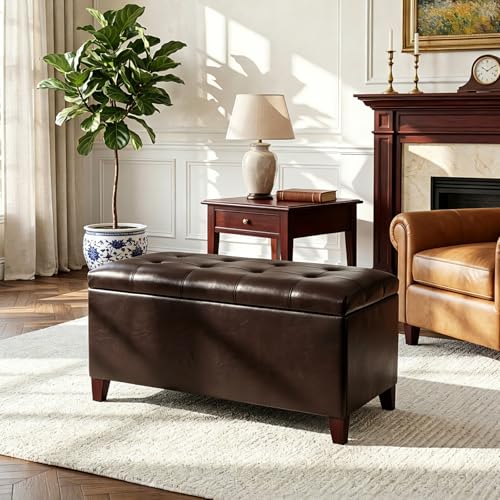 Storage Ottoman Bench, 33 Inches Faux Leather Rectangle Tufted Foot Stool for End Foot of Bed, Bedroom, Living Room, Brown