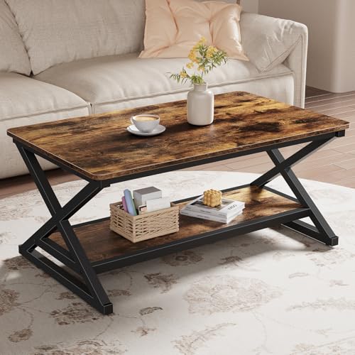 Rustic Brown Rectangle Coffee Table for Living Room, 39.4" Farmhouse Minimalist Industrial Wooden Metal 2 Tier Center Tables with Storage Shelf, 350lbs Load Capacity, Easy Assembly