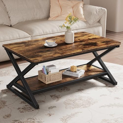 Rustic Brown Rectangle Coffee Table for Living Room, 39.4" Farmhouse Minimalist Industrial Wooden Metal 2 Tier Center Tables with Storage Shelf, 350lbs Load Capacity, Easy Assembly