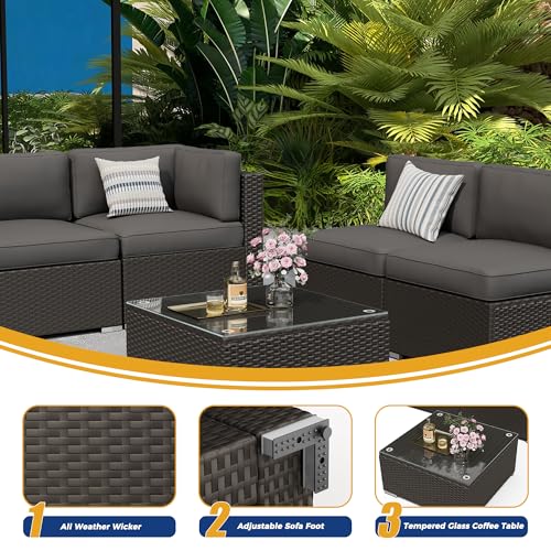 7 Pieces Outdoor Patio Furniture Set, Black Brown Wicker Patio Sectional Sofa Set, Outdoor Couch with Cushion and Tempered Glass Table, Grey