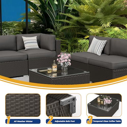 7 Pieces Outdoor Patio Furniture Set, Black Brown Wicker Patio Sectional Sofa Set, Outdoor Couch with Cushion and Tempered Glass Table, Grey