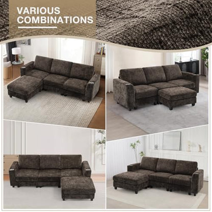 87" Chenille 3 Seater Couch with Soft Ottoman, Brown | L-Shape Sectional Sofa with Durable Cup Holders, Upholstered Sofa with Comfy Backrests for Living Room, House