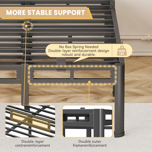 Bed Frame Full Size,18 Inch Metal Heavy Duty Double Layer Platform Black, view 4