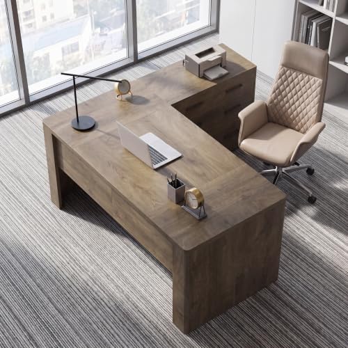63" L-Shaped Executive Desk with File Cabinet, Brown, view 6