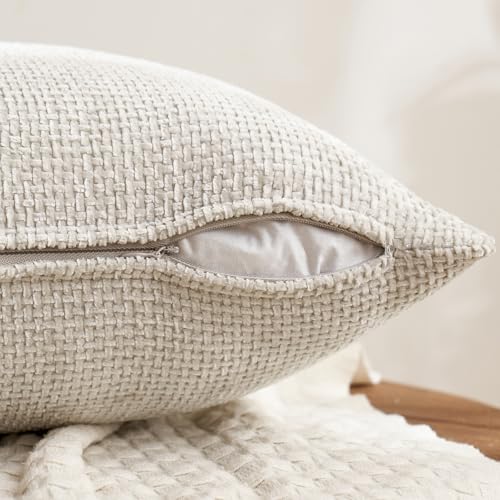 Pack of 4 Couch Throw Pillow Covers 18x18 Inch Neutral Beige/Brown Soft Decorative Chenille Pillow Covers Farmhouse Accent Cushion Covers for Boho Spring Home Decor Sofa Bedroom Living Room