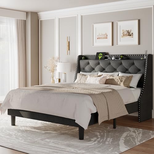 Queen Bed Frame with Luxury Wingback and Fast Charging Station, view 2