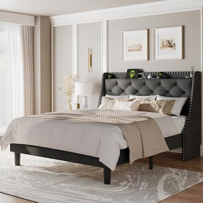 Queen Bed Frame with Luxury Wingback and Fast Charging Station, view 2