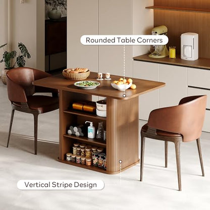 Dining Table for 4, Small Rectangular Kitchen Table for 2 with 3-Tier Storage Shelf, Farmhouse Modern Fluted Wood Table (Walnut)