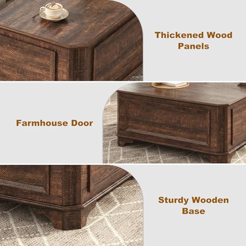 40 Inch Coffee Tables for Living Room Farmhouse Lift Top with Charging Station and Hidden Storage - Square Center Table with Adjustable Lifting Top and Large Storage for Bedroom, Home Office, Brown