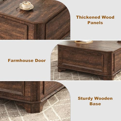 40 Inch Coffee Tables for Living Room Farmhouse Lift Top with Charging Station and Hidden Storage - Square Center Table with Adjustable Lifting Top and Large Storage for Bedroom, Home Office, Brown