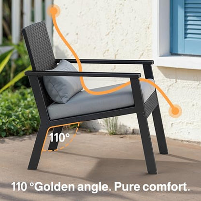 3-Piece Wicker Small Outdoor Patio Furniture Set with Glass Table for Balcony, Porch, and Garden (Gray)