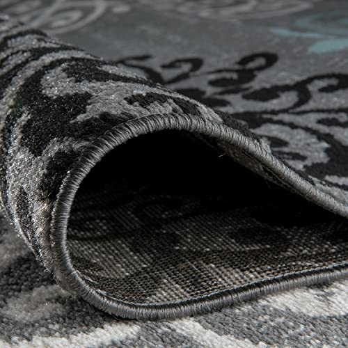 Modern Floral Scroll Area Rug, Fade-Resistant Carpet for Bedroom, Office, or Living Room, Gray, 6'6" x 9'