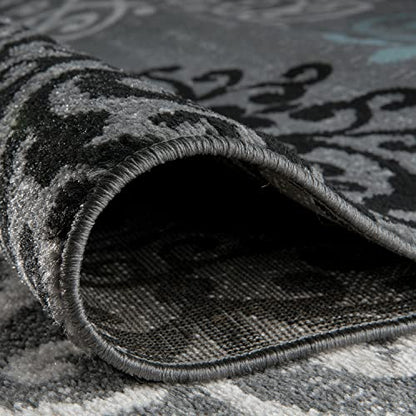 Modern Floral Scroll Area Rug, Fade-Resistant Carpet for Bedroom, Office, or Living Room, Gray, 6'6" x 9'
