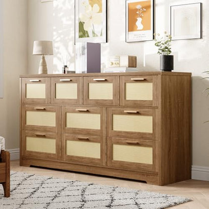 10 Drawer Dresser for Bedroom, 59 in Farmhouse Rattan Dressers & Chests of Drawers, Wooden Storage Organizer with Anti-Tipping Device for Living Room, Hallway, Entryway, Natural