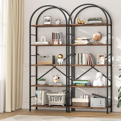 Bookshelf, Arched Bookshelf 5 Tier Bookcase, Tall Shelf for CDs/Books, Home Office Shelf Storage Organizer, Modern Book Shelf for Bedroom/Living Room, Rustic Brown