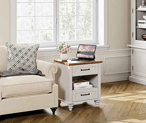 White Side Table with 2 Drawers, Night Stand with Charging Station, view 5