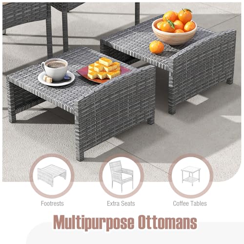 5 Pieces Patio Conversation Set, Outdoor PE Rattan Chairs with Soft Cushions, Ottomans & Tempered Glass Top Table, Acacia Wood Armrests, Patio Furniture Set (Mix Grey+Beige)