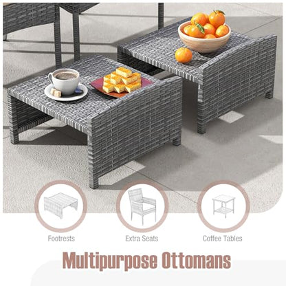 5 Pieces Patio Conversation Set, Outdoor PE Rattan Chairs with Soft Cushions, Ottomans & Tempered Glass Top Table, Acacia Wood Armrests, Patio Furniture Set (Mix Grey+Beige)