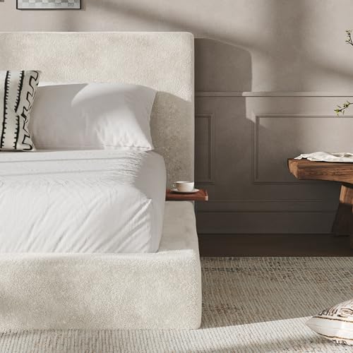 Upholstered King Bed Frame with Cloud Pad, King (U.S. Standard) | Sliding Wood Side Table, Low-Profile Platform, Easy Assembly, Off-White Sherpa
