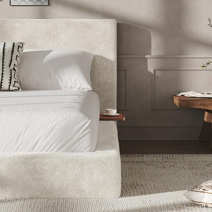 Upholstered King Bed Frame with Cloud Pad, King (U.S. Standard) | Sliding Wood Side Table, Low-Profile Platform, Easy Assembly, Off-White Sherpa