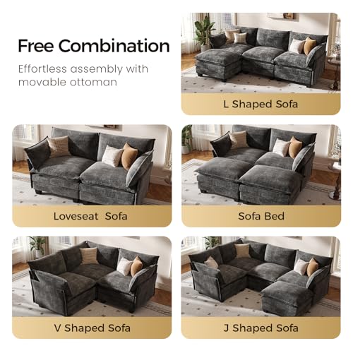 Modular Sectional Sofa, Loveseat 2 Seater Cloud Couch, Chenille Modern Sectional Couches for Living Room, Apartment Grey