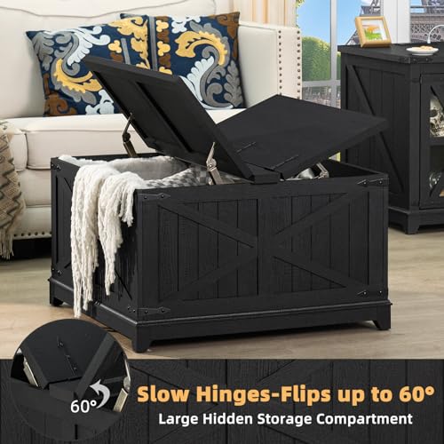 Farmhouse Coffee Table Sets 3 Pieces, Large End Side Tables with Charging Station and Coffee Table with Hidden Storage Compartment, Black Living Room Table Set, Wood Furniture Sets for Home Office
