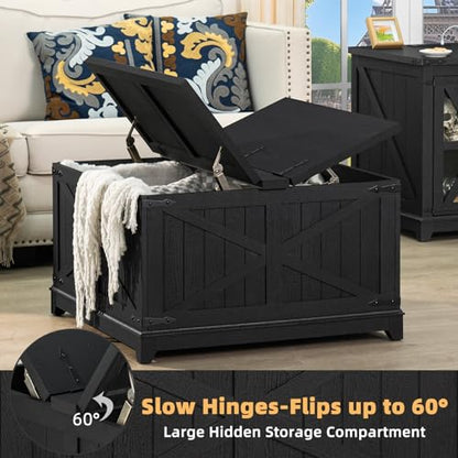 Farmhouse Coffee Table Sets 3 Pieces, Large End Side Tables with Charging Station and Coffee Table with Hidden Storage Compartment, Black Living Room Table Set, Wood Furniture Sets for Home Office