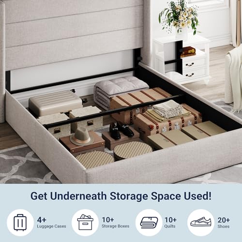 Full Size Lift Up Hydraulic Storage Bed Frame Light Beige, view 6