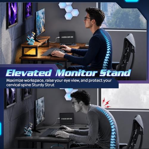 60 Inch L Shaped Gaming Desk with LED Lights, Rustic Brown, view 6