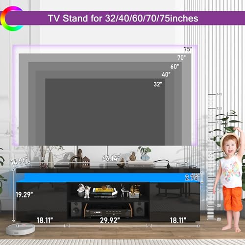 LED TV Stand for 75 Inch TV, Modern TV Stand with Power Outlet, view 3