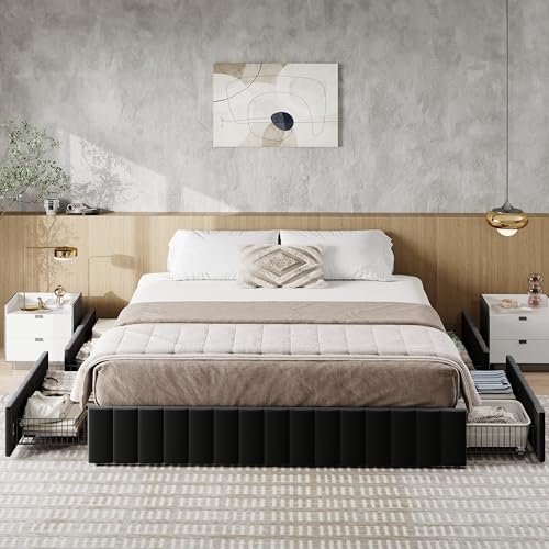 King Size Platform Bed Frame with 4 Large Storage Drawers, view 4