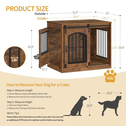 31.5 in Dog Crate Furniture Indoor Dog Kennel with 2 Feeding Bowls, view 3