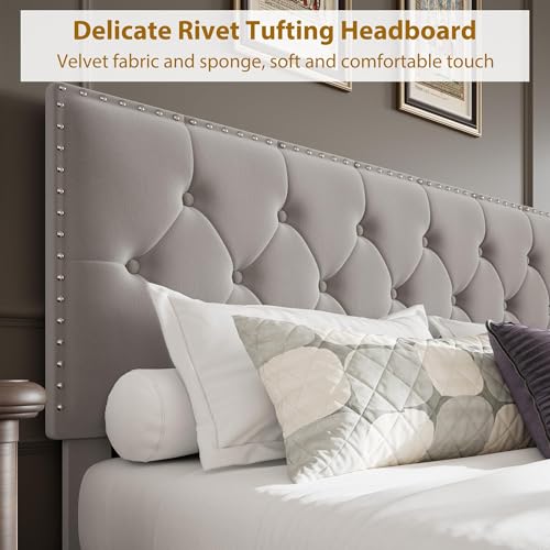 Full Size Velvet Upholstered Bed Frame, 2 Storage Drawers with Smooth Casters, Button Tufted Rivets Headboard, Wooden Slat Support, Noise Free & No Box Spring Needed, Beige Bedroom Bed