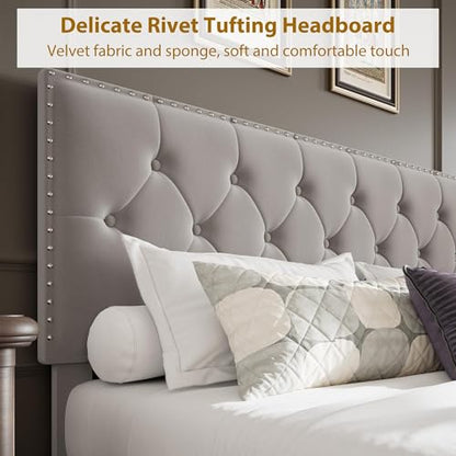 Full Size Velvet Upholstered Bed Frame, 2 Storage Drawers with Smooth Casters, Button Tufted Rivets Headboard, Wooden Slat Support, Noise Free & No Box Spring Needed, Beige Bedroom Bed