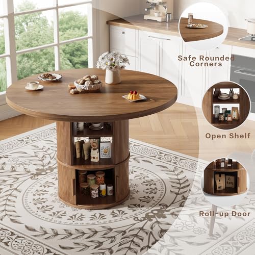 43" Round Dining Table with Storage Shelf, Farmhouse Modern Kitchen Table for 4-6, Circular Wood Dining Room Table for Small Spaces, Space Saving Pedestal Table for Apartment & Breakfast Nook, Walnut
