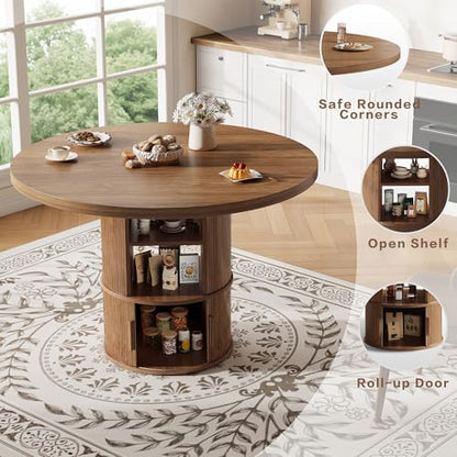 43" Round Dining Table with Storage Shelf, Farmhouse Modern Kitchen Table for 4-6, Circular Wood Dining Room Table for Small Spaces, Space Saving Pedestal Table for Apartment & Breakfast Nook, Walnut