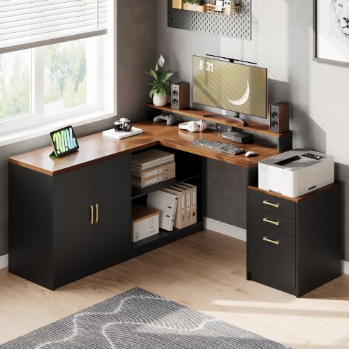 L Shaped Executive Desk with Storage Cabinet and Power Outlet, Office Desk, view 2