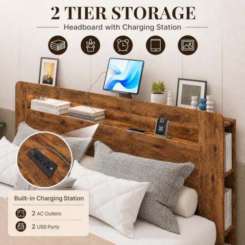 Farmhouse Queen Bed Frame, Storage Headboard with LED Charging, Brown, view 5