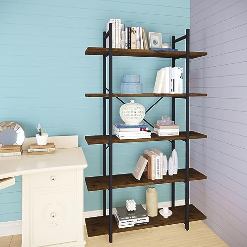 5 Tiers Bookshelf Organizer Industrial Shelf,Modern Open Display Storage Bookcase,Rustic Brown and Metal Bookshelf Standing Storage Shelf Tall Shelving Units for Home Office Study.