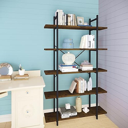 5 Tiers Bookshelf Organizer Industrial Shelf,Modern Open Display Storage Bookcase,Rustic Brown and Metal Bookshelf Standing Storage Shelf Tall Shelving Units for Home Office Study.