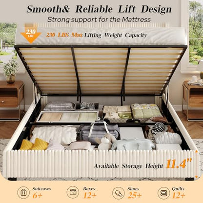 51 Inch Tall Wingback Headboard King Size Lift Up Storage Bed Frame, Beige, view 4