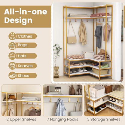 Corner Coat Rack with Shoe Bench, L-Shaped Garment Rack with 5 Shelves & 7 Hooks, Heavy Duty Freestanding Clothes Racks Entryway Bench with Shoes Organizer for Hallway (White & Gold)