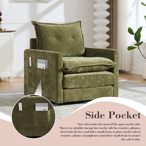 360° Swivel Accent Chair, Chenille Swivel Armchair for Living Room, Mid Century Modern Comfy Thick Padded Arm Chairs, Green