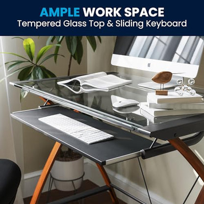 Jude Tempered Glass Computer Desk with Pull-Out Keyboard Tray and Crisscross Frame, Small Computer Desk for Home Office, Cherry/Clear