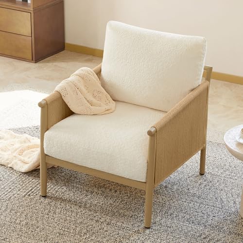 CHITA Braid Accent Chair with Wood-Like Finish Grain Metal Frame, Cream