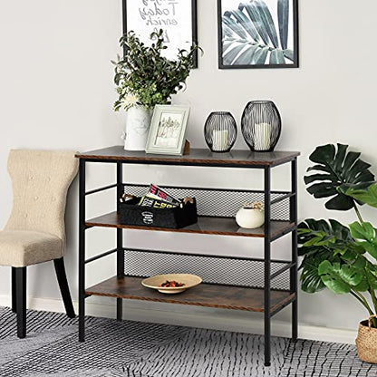 Black three tier industrial metal and wood console table, view 3