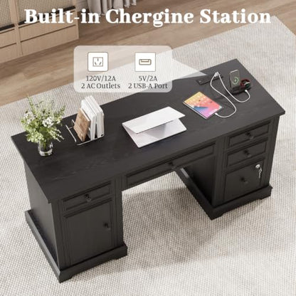 59" Farmhouse Executive Desk with Drawers Cabinet Power Outlet, view 4