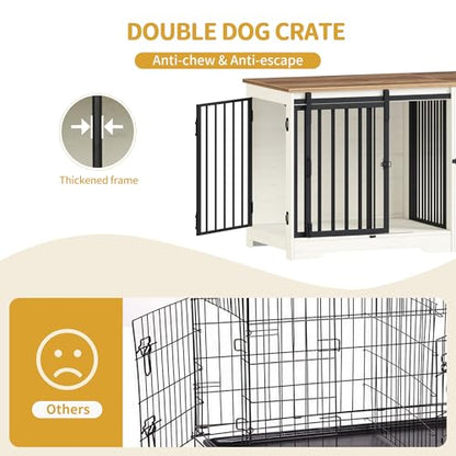 53.3" Dog Crate Furniture for 2 Dogs, Double Dog Cage with Divider, Wooden Heavy Duty Dogs Kennel, Pet Cage with Barn Door, TV Stand for Large Small Medium Pet, White Brown DFC88314B